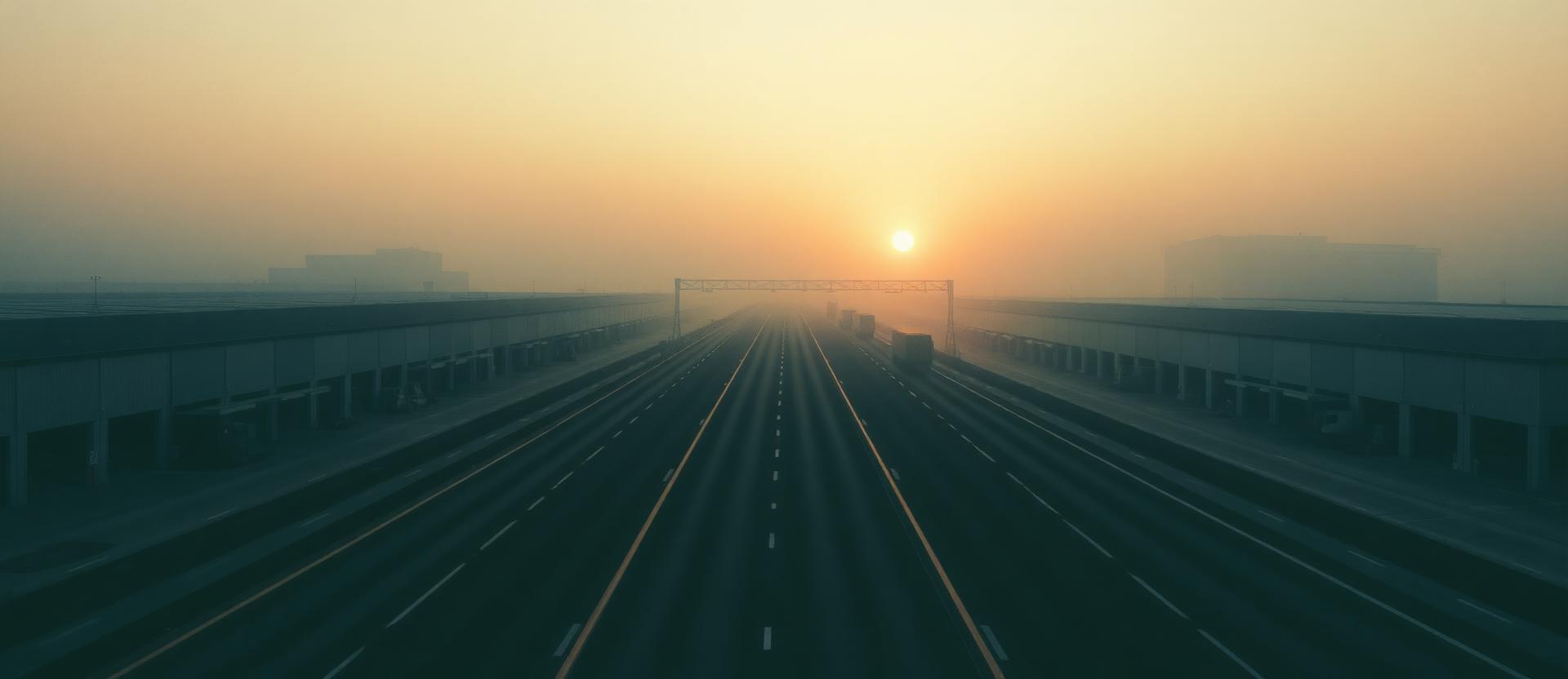 Logistics highway corridor at dawn with industrial sheds