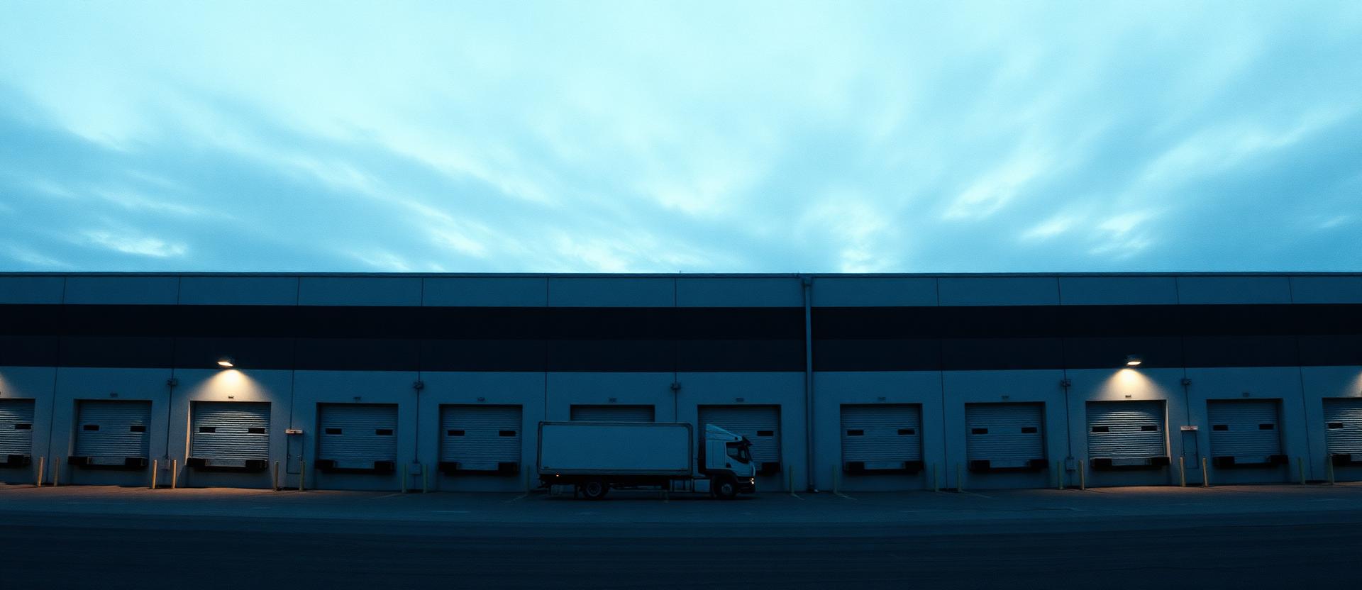 Grade-A warehouse facade at dusk with loading docks