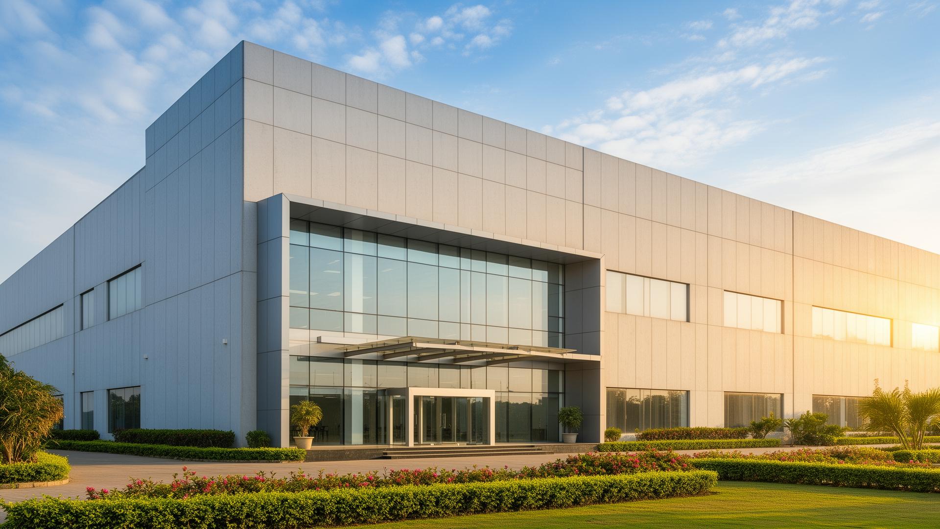 Grade-A industrial warehouse facade at sunrise — South India