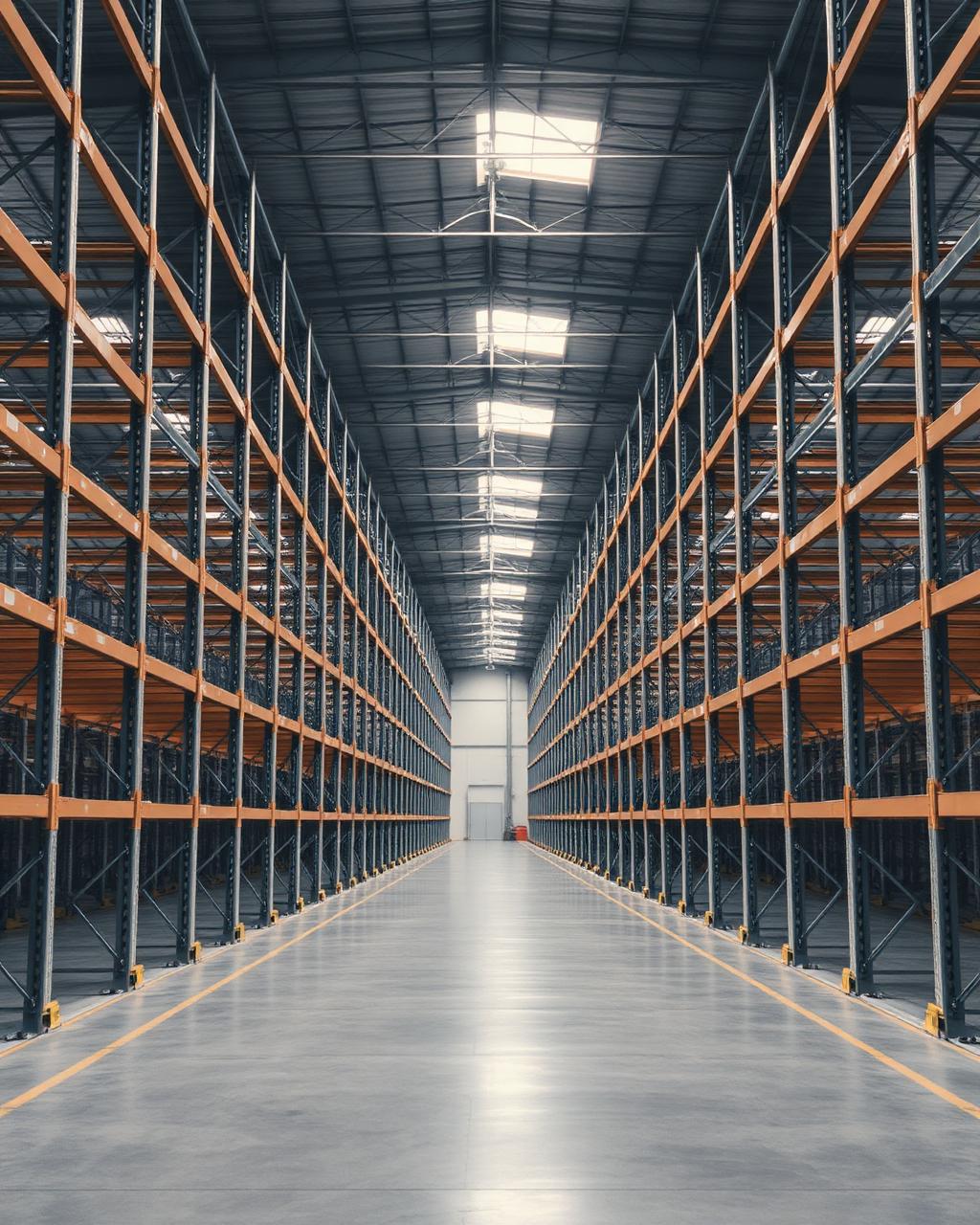 Empty high-bay warehouse interior with pallet racking